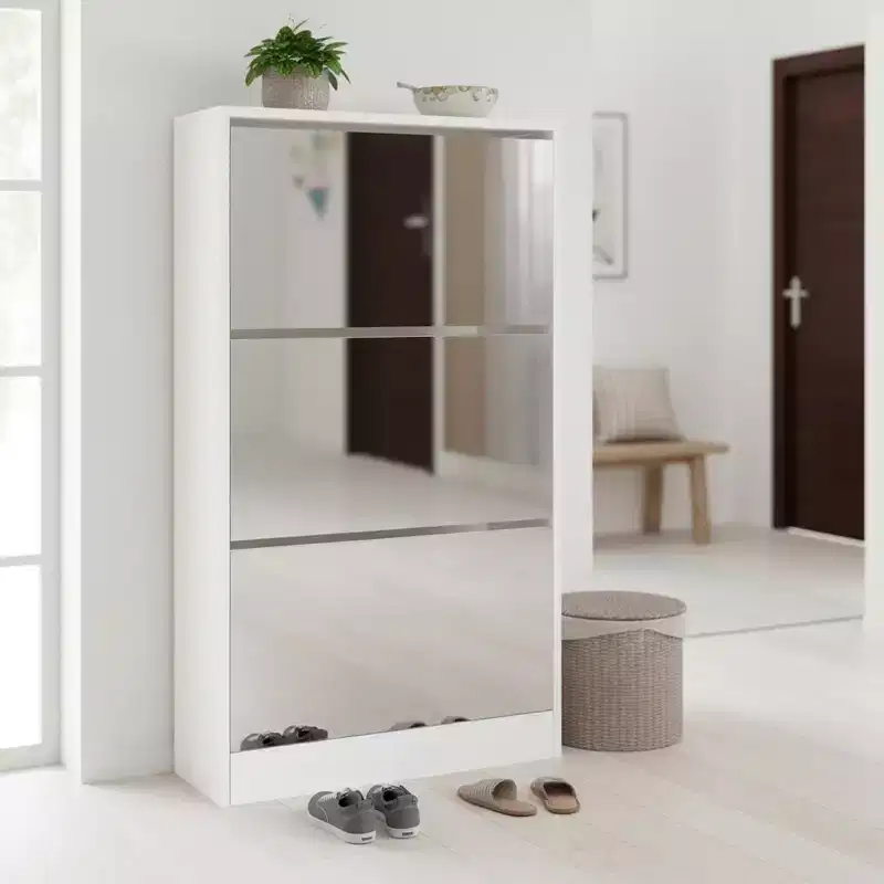 Slim Shoe Storage Cabinet with Full-Length Mirror, 3-Tier Flip Drawers, White, Holds 18 Pairs