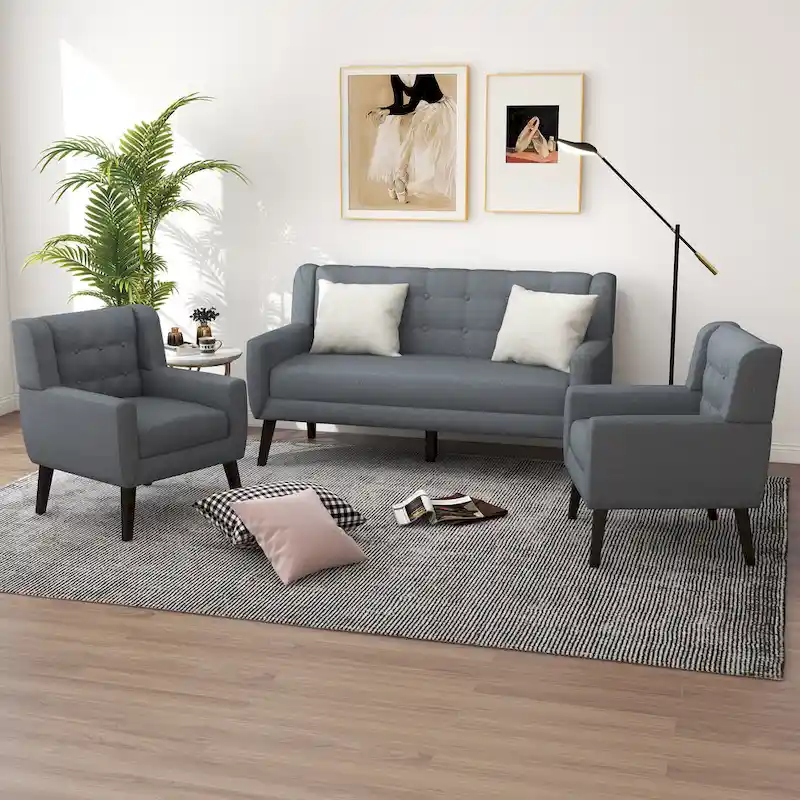 Tufted Linen/Cotton Loveseat with 2 Accent Chairs