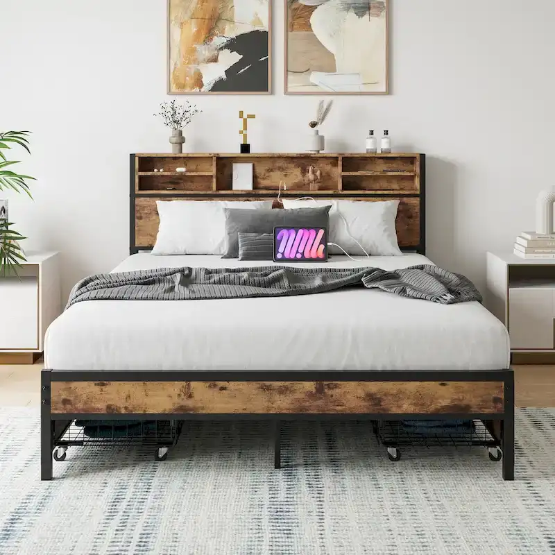 Black Queen Platform Bed Frame, Storage Headboard & 4 Drawers, For 1–2 People