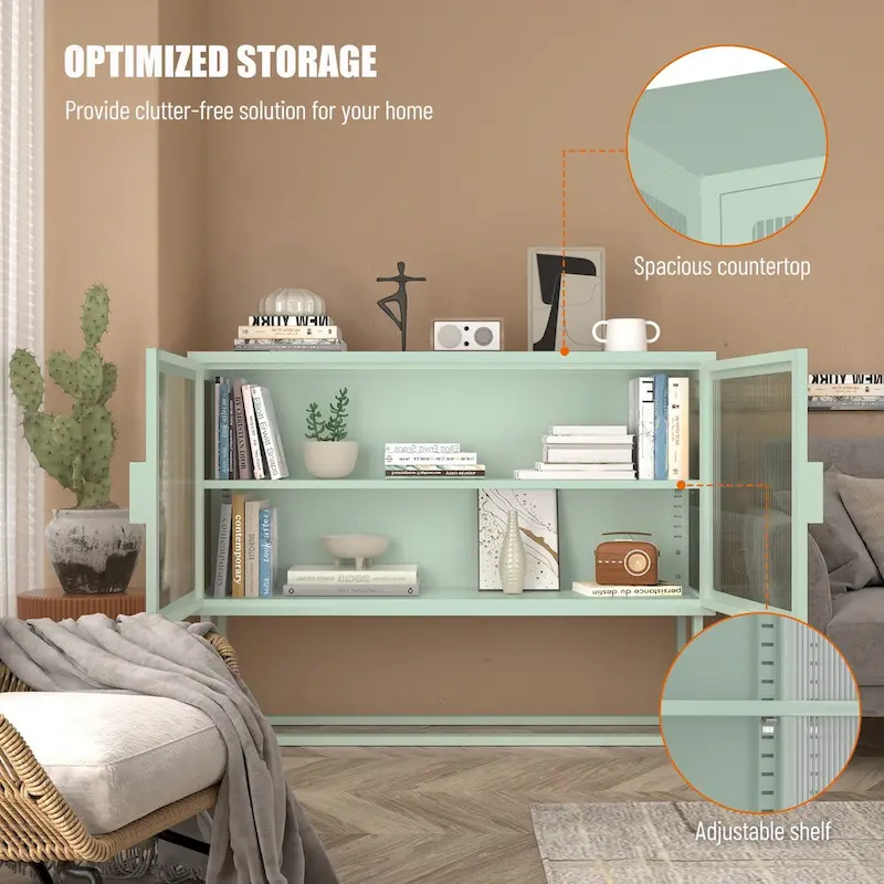Tempered Glass Cabinet with 2 Fluted Glass Doors Adjustable Shelf U-shaped Leg free Enclosed Cupboard for Kitchen Living Room