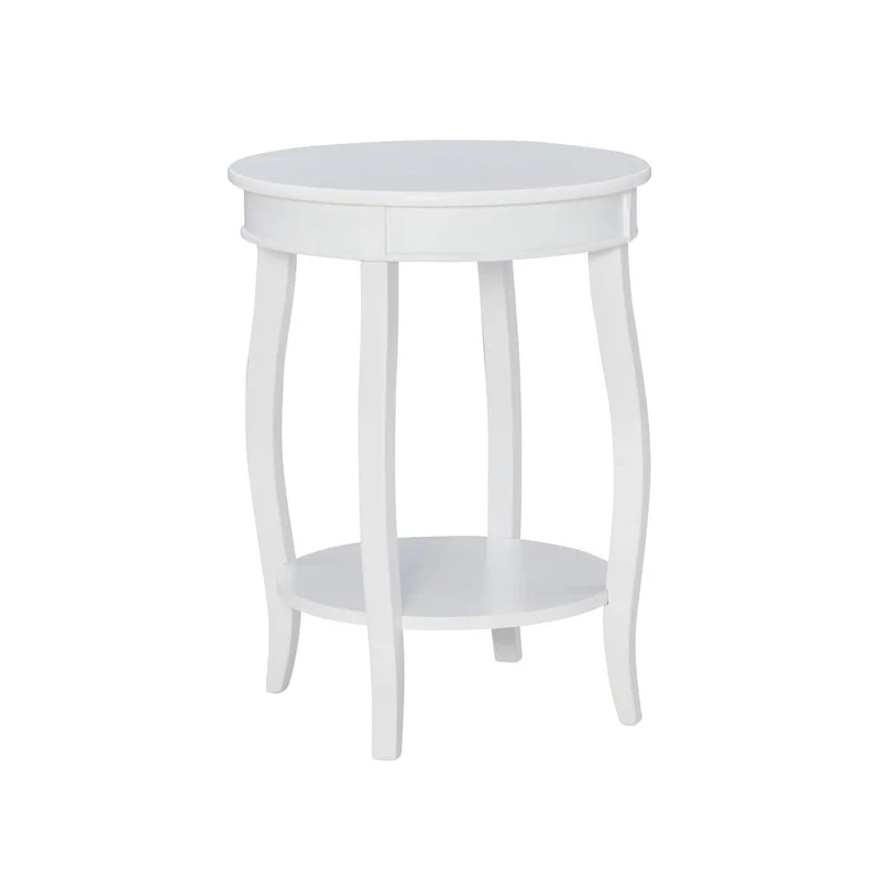 White Round Side Table with Lower Shelf & Cabriole Legs, 1-Person