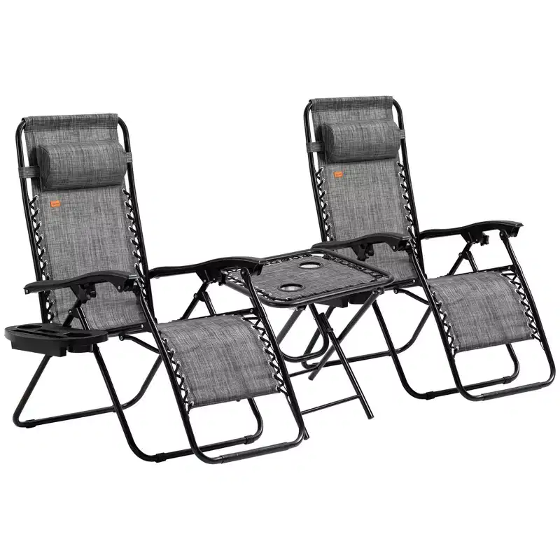 Zero Gravity Chair Set with Side Table, Folding Reclining Chair with Cupholders & Pillows, Adjustable Lounge Chairs for Pool, Lawn, Beach