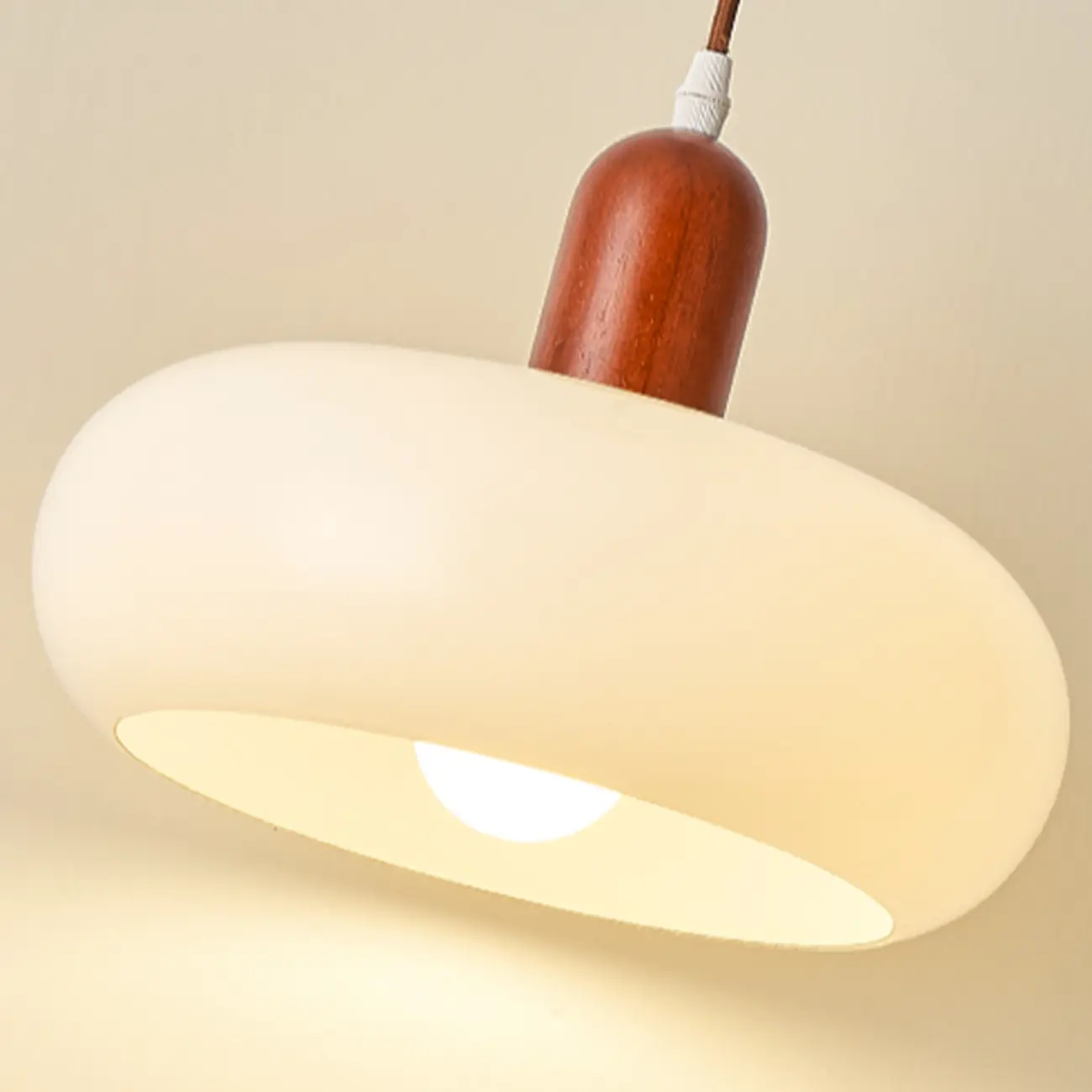 Modern White Glass Pendant Light with Solid Wood Accent