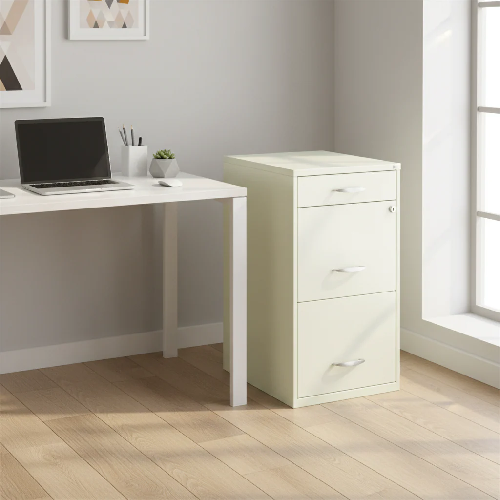 Off-White High-Gloss Steel 3-Drawer File Cabinet with Cam Lock and Letter-Size File Drawers