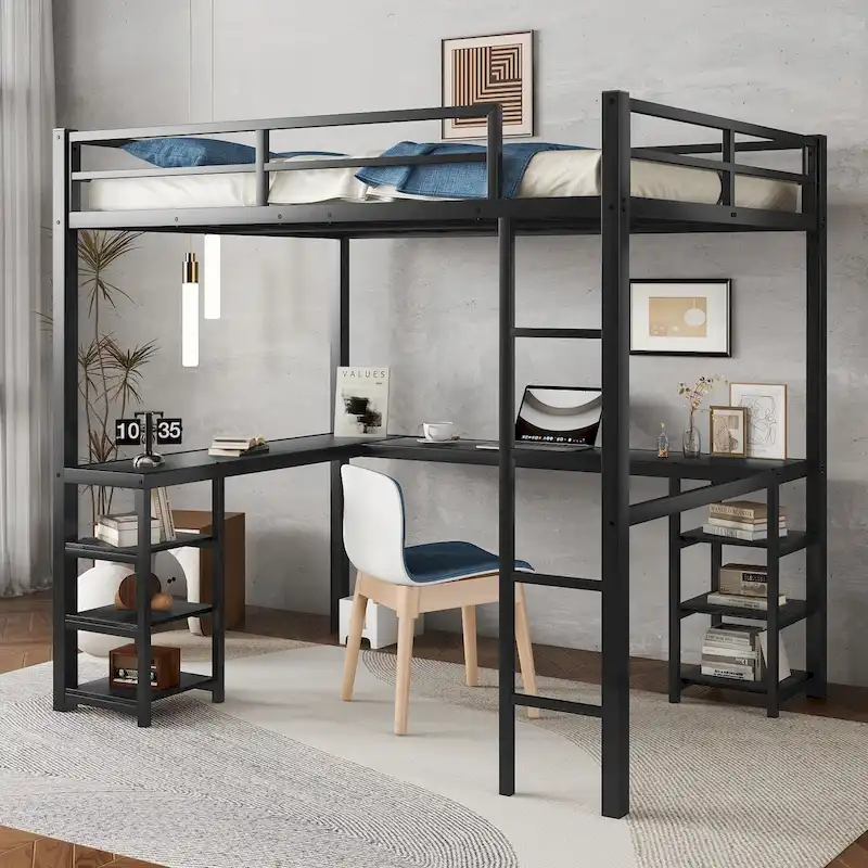 Black Full Size Metal Size Loft Bed with Desk and Shelves, Loft Bed with Ladder and Guardrails, Loft Bed Frame for Bedroom
