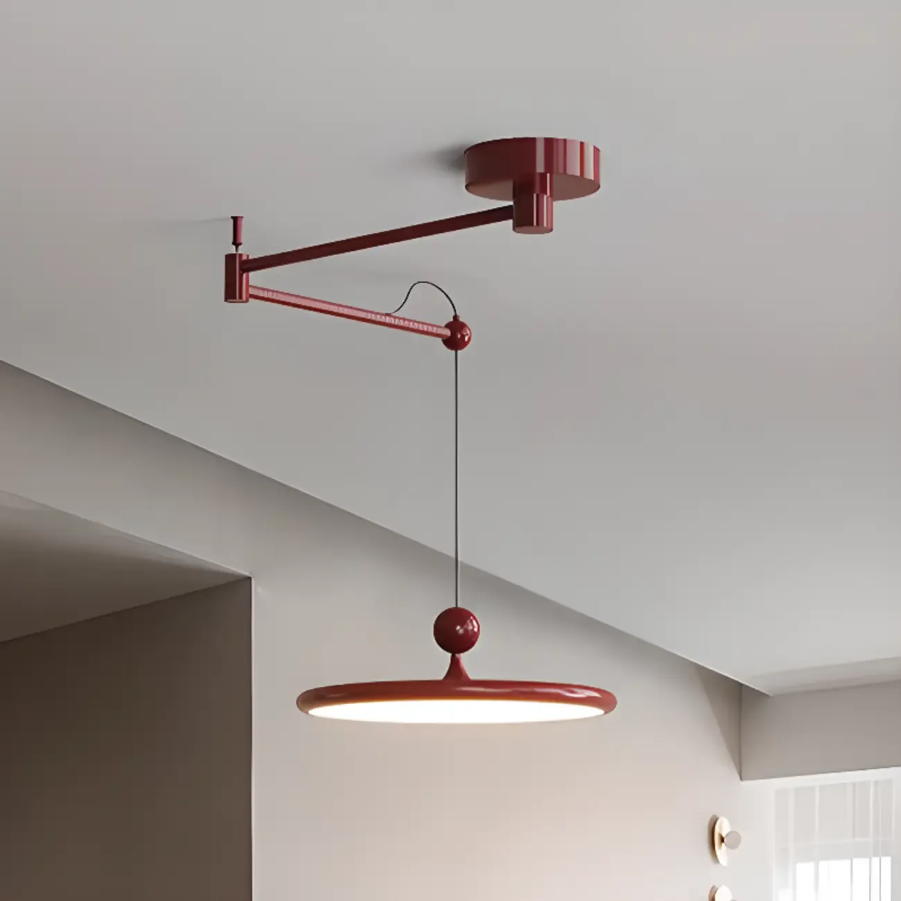 Modern Metal Red Swing Arm Pendant Light with Acrylic Shade