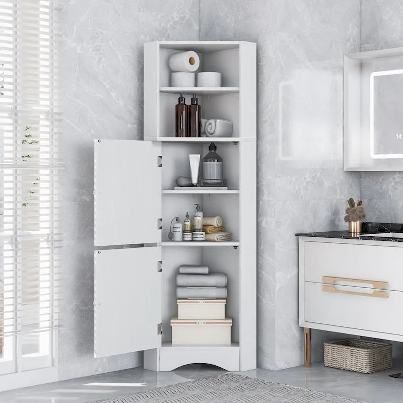 Tall Freestanding Bathroom Corner Cabinet with Doors and Adjustable Shelves
