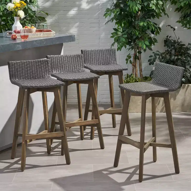 4pk La Brea Acacia Wood & Wicker Patio Barstools - Christopher Knight Home