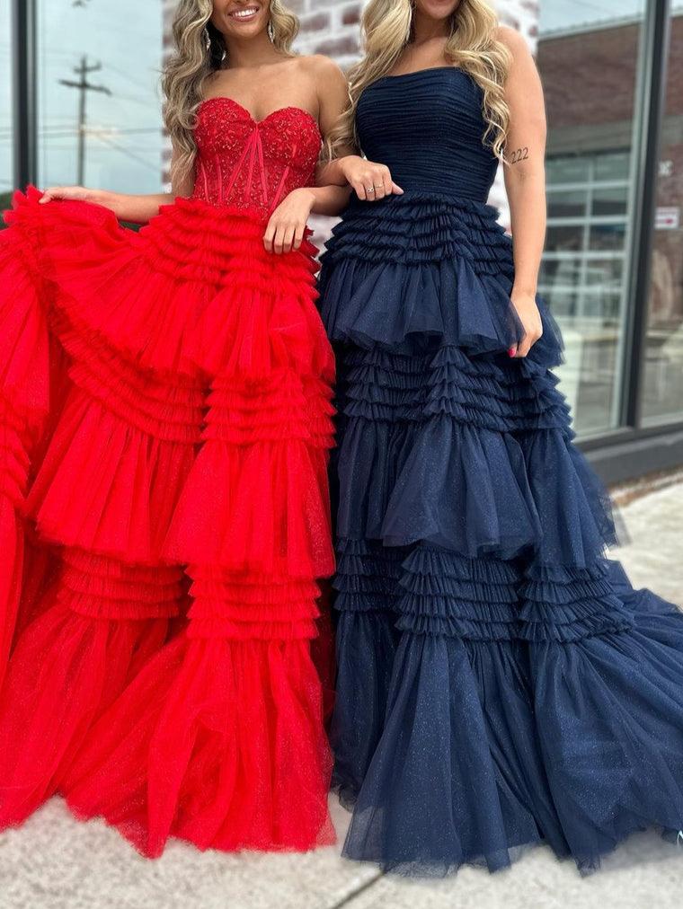 A-Line Sweetheart Tiered Long Tulle Prom Dress