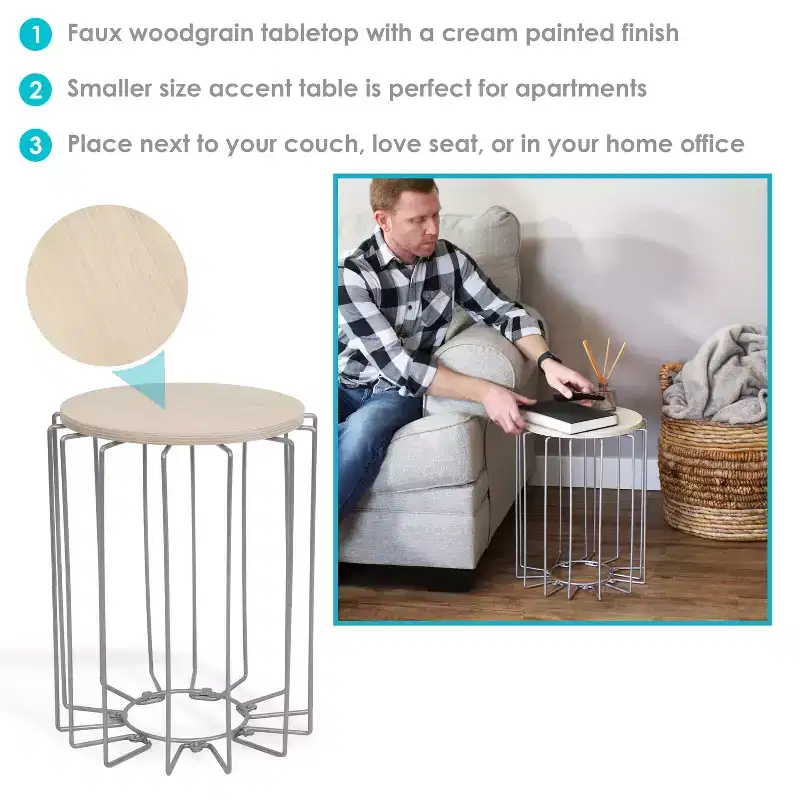 Sunnydaze Steel Wire Indoor End Table with Faux Woodgrain Tabletop - 17.75 H - Cream