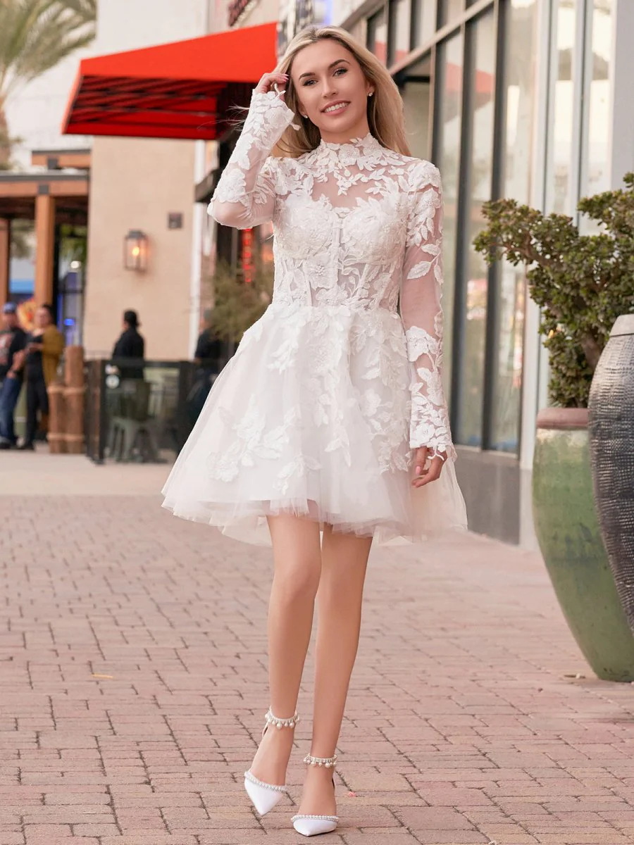 Short White A-Line Illusion Neck Long Sleeves Lace Wedding Dresses