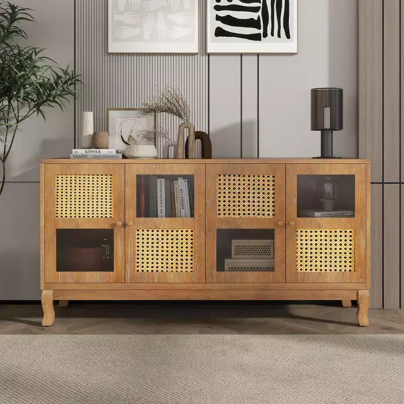 Okak Retro Sideboard Buffet Cabinet with Storage and 4 Rattan Door, Accent Cabinet with Transparent Glass for Kitchen Dining Room Entryway