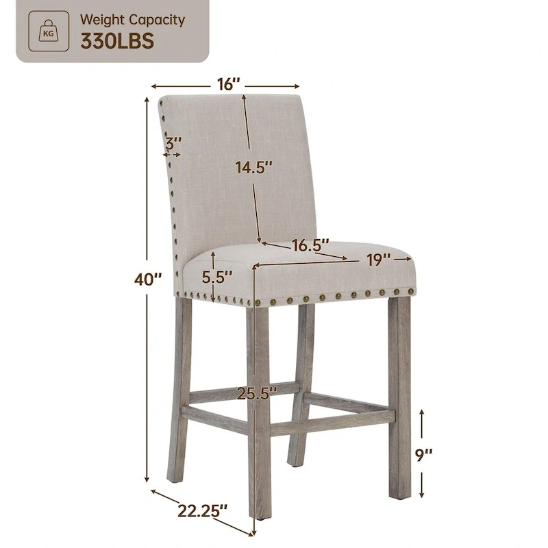 Farmhouse 5-Piece Square Bar Table with 4 Upholstered Counter Stools