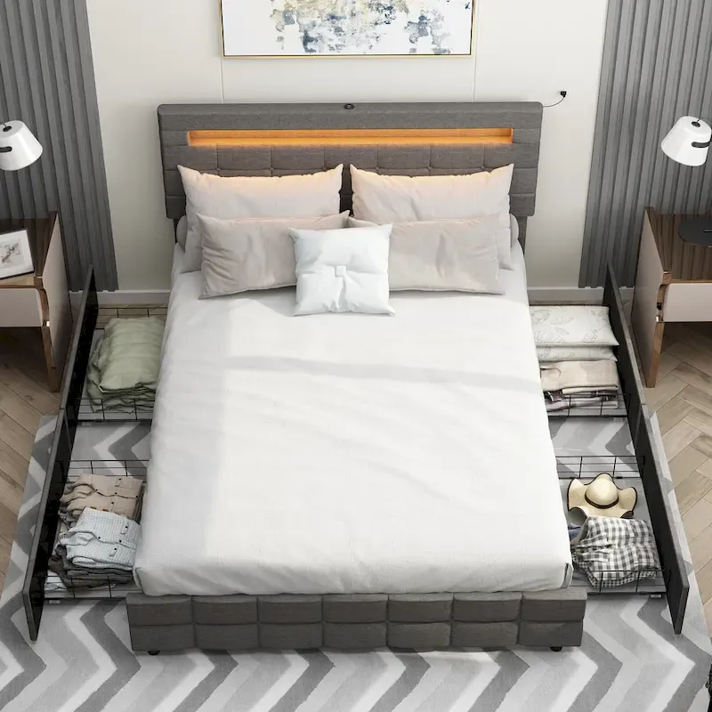 60.6 Queen Bed Frame with Drawers LED Bed Frame USB Charging Station