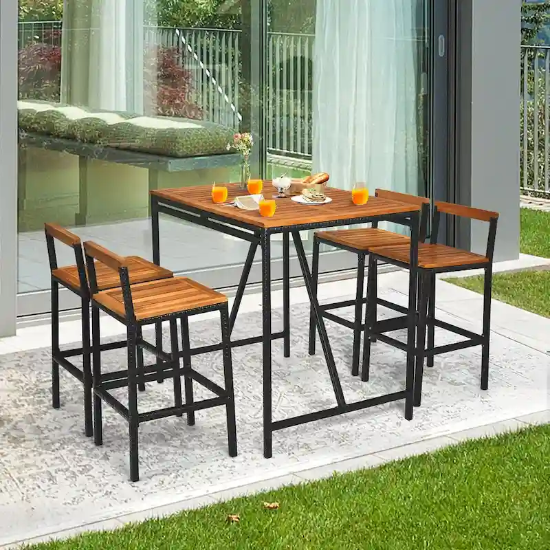 Costway 5PCS Patio Rattan Bar Table Stool Set Acacia Wood Top - See Details