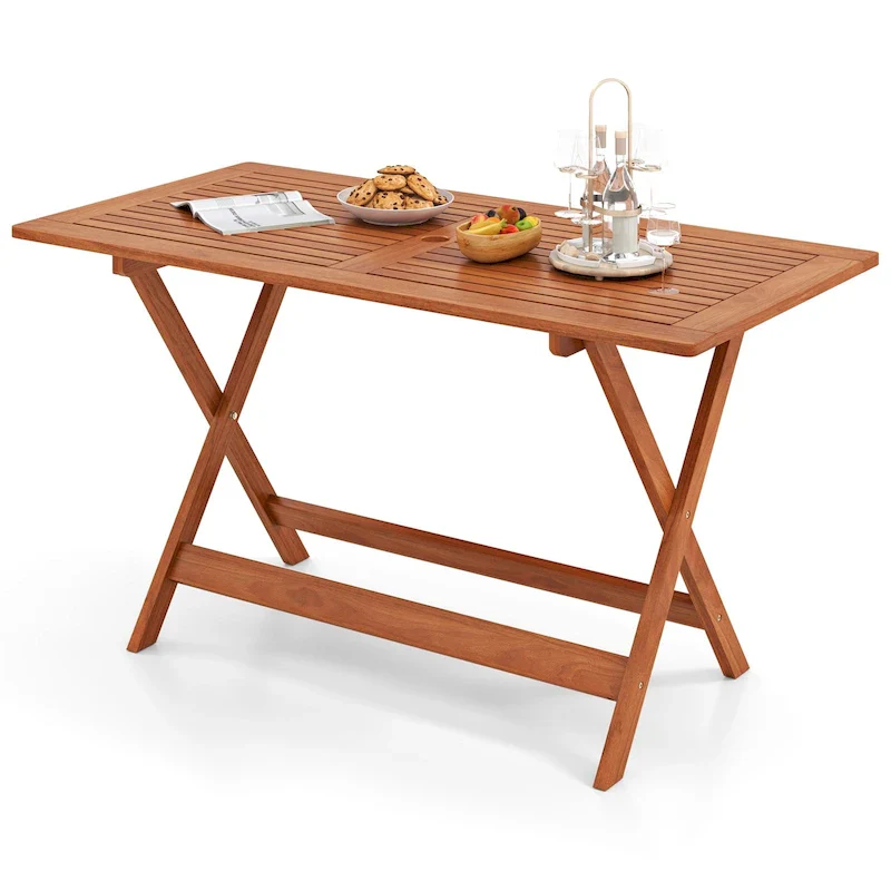 Gymax 54.5 x 27.5 Patio Dining Table w/ Teak Painting 2 Umbrella