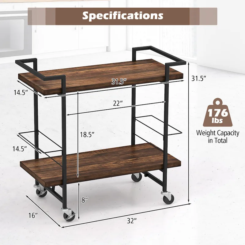 Home Bar Cart 2-tier Home Bar Cart w/ Lockable Wheels &