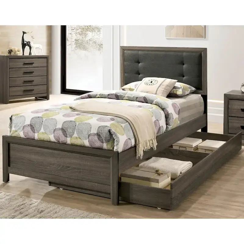Aury Transitional Grey Wood Tufted 2-Piece Panel Bed and Trundle Set by Furniture of America