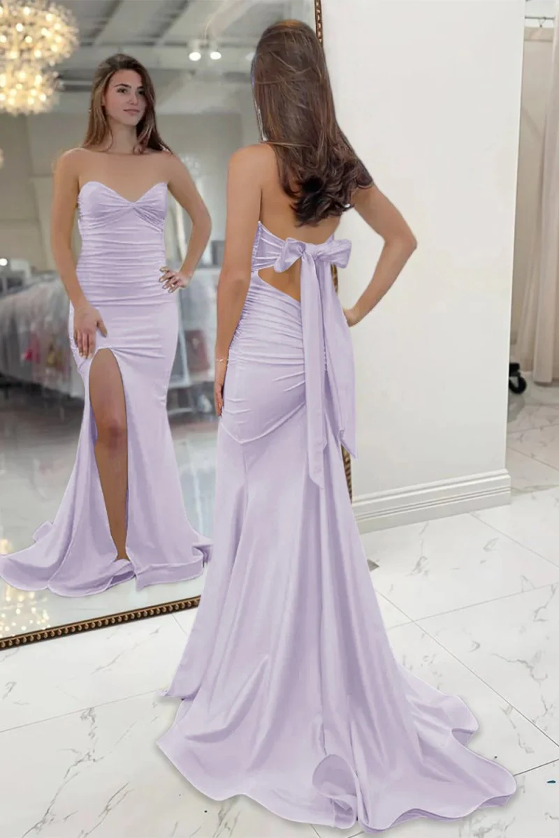 Yellow Strapless Sheath Satin Long Prom Dresses With Slit