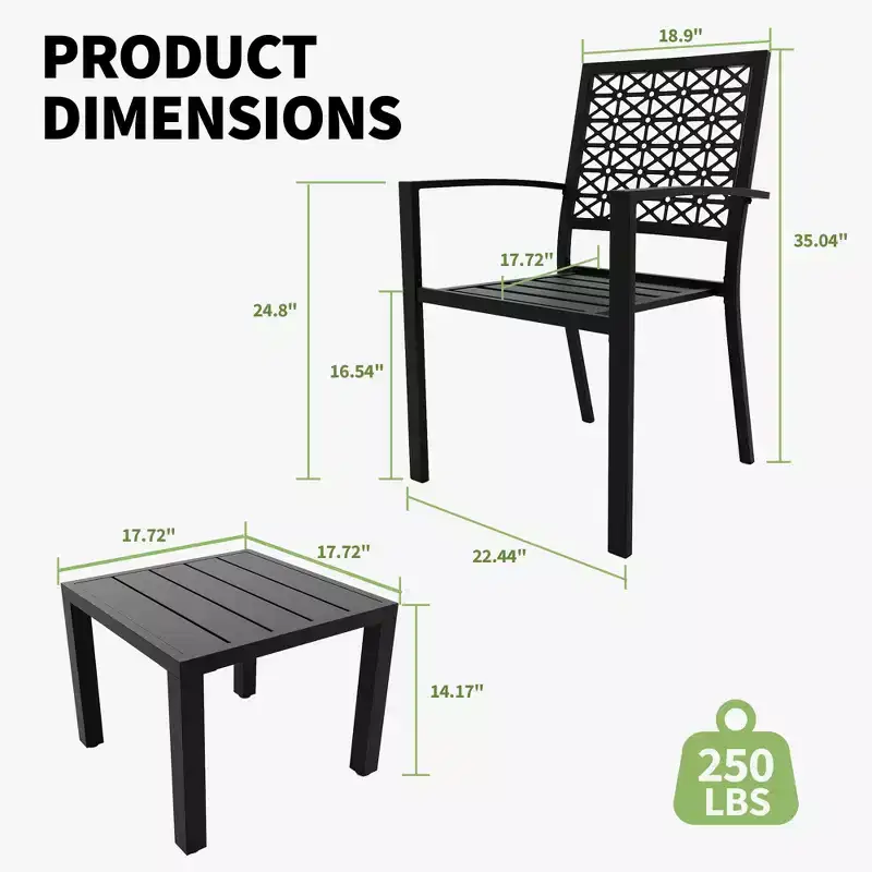 3 Piece Patio Bistro Set, Steel Outdoor Chairs and Table Set for 2, Small Modern Patio Furniture Set, Metal Porch Chairs with Tea Table