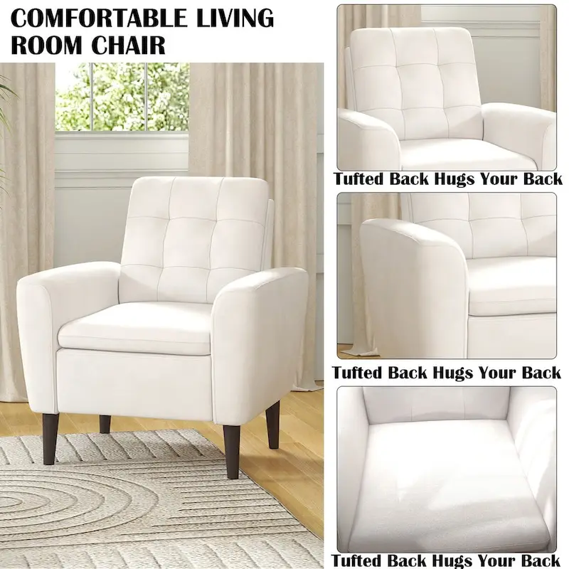 Button Tufted Fabric Accent Chair Armchair with Solid Sagwan Wooden Frame