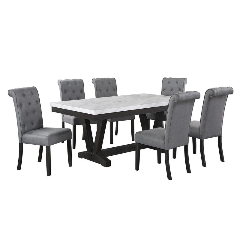Grey Faux Marble Dining Set - 7 Piece Table and Chairs