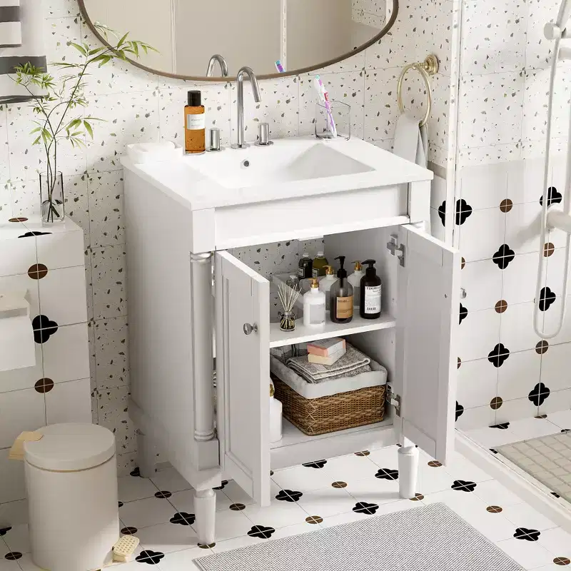 JVNOXK 24-inch Single-Basin Vanity Cabinet with Sink, Double-Tier Modern Bathroom Storage Cabinet, Large-Capacity Storage Shelf, White