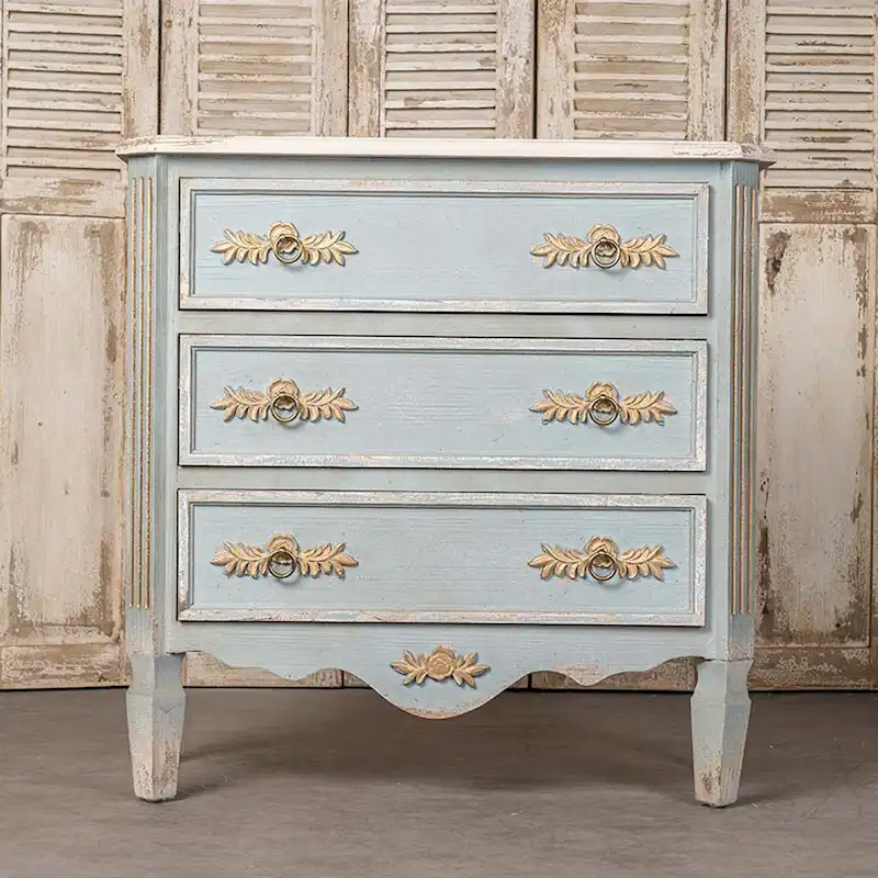 Blue Distressed Solid Wood 2-Drawer Accent Cabinet with Cream Top & Gold Handles