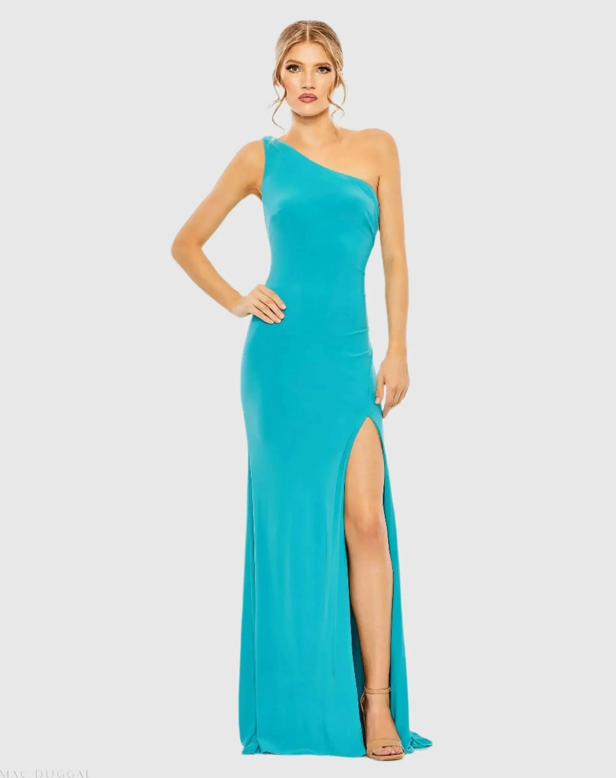 Blue Jersey One Shoulder Draped Back Gown