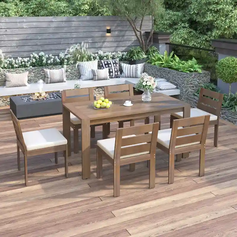 7 Piece Outdoor Dining Table and Chair Set, Acacia Wood Patio Furniture Set with Rectangular Table and 6 Dining Chairs