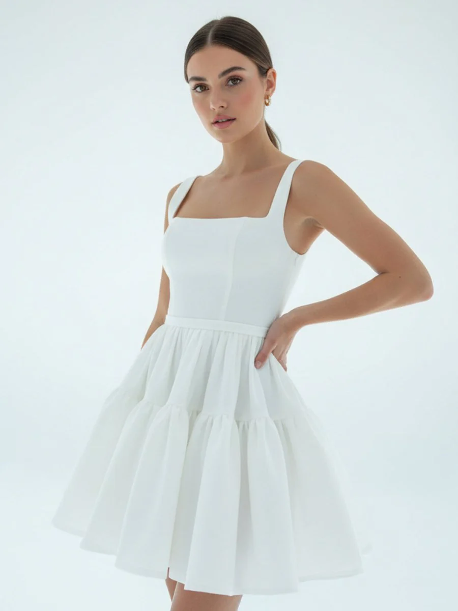 A-Line Boat-Neck Mini-Length Sleeveless Satin Pleats Wedding Dress