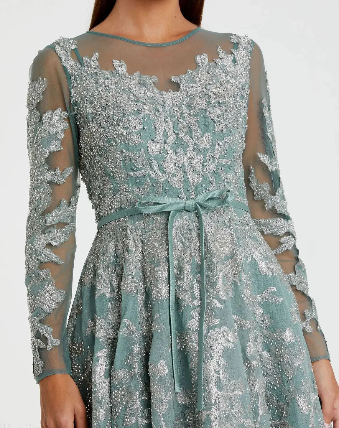 Green Embellished Bow Belt Illusion Long Sleeve A Line Dress
