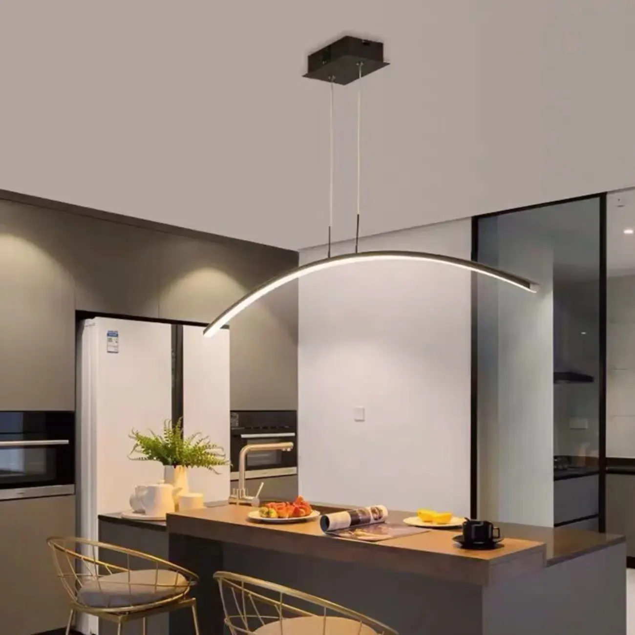 Black Linear Silica Gel Island Pendant Light Arch Shaped LED