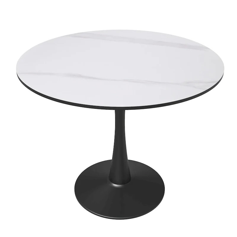 White / Black / Natural Wood Round Sintered Stone Dining Table, Pedestal Base, Seats 4
