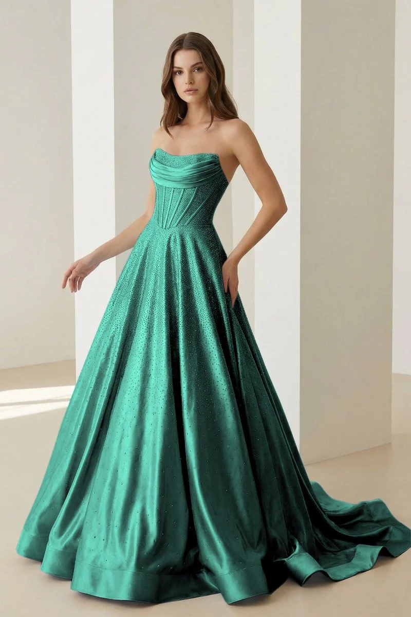 Green - Strapless A Line Satin Beaded Long Prom Dresses With Pockets