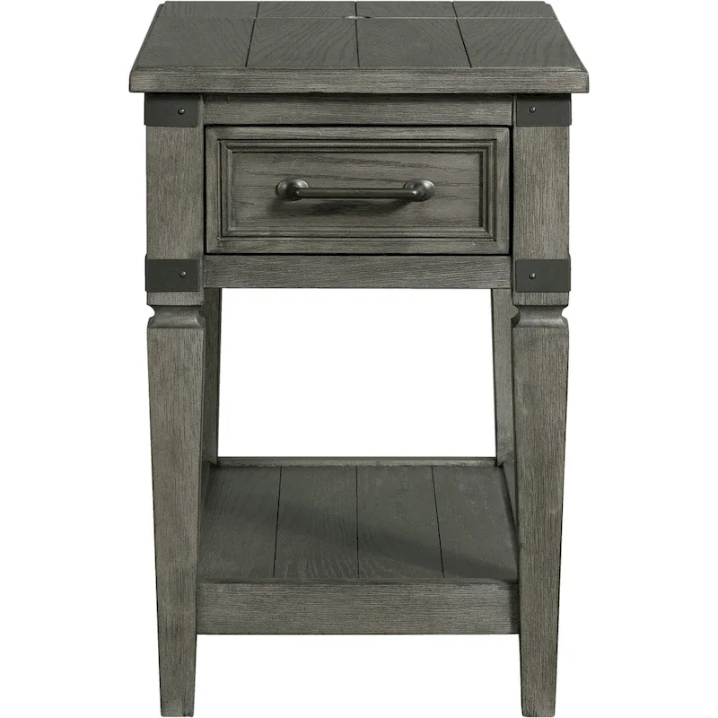 Brushed Pewter Chairside End Table with Drawer & Shelf