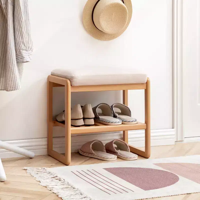 EHMKNP Natural Solid Wood Shoe Bench, Beech Wood Storage Rack Organizer with High Rebound Sponge Cushion