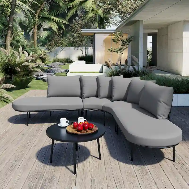 Iron Curved Sectional Sofa Set with Table and Cushions