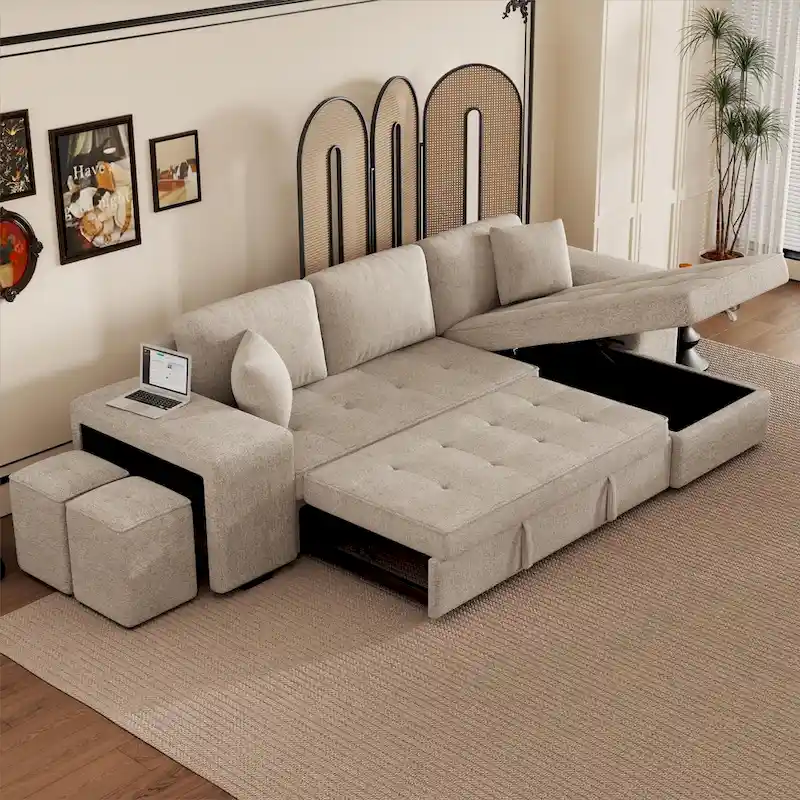 3-Seater Modern L-Shape Reversible Sectional Couch, Pull-Out Sleeper Sofa with Storage Chaise