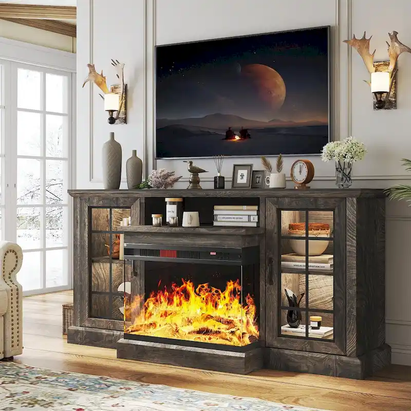 Fireplace TV Stand with 3-Sided Glass Electric Fireplace – Grey / White, Barn Door, Fits up to 70