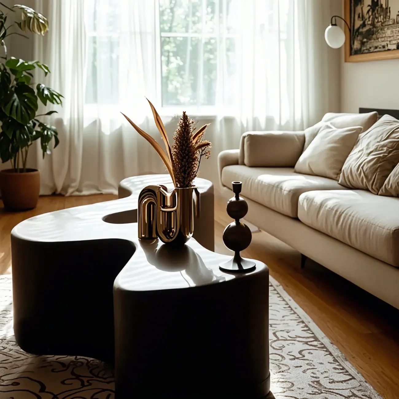 Modern Black Resin Wave Coffee Table with Abstract Design