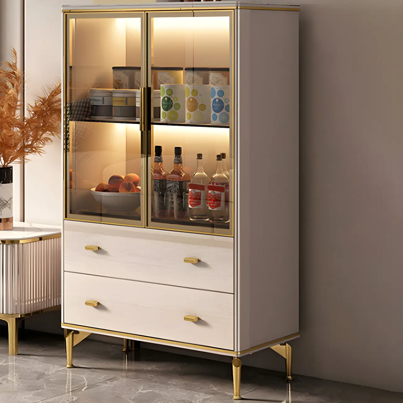 White Wood Gold Legs Adjustable Shelves Display Cabinet