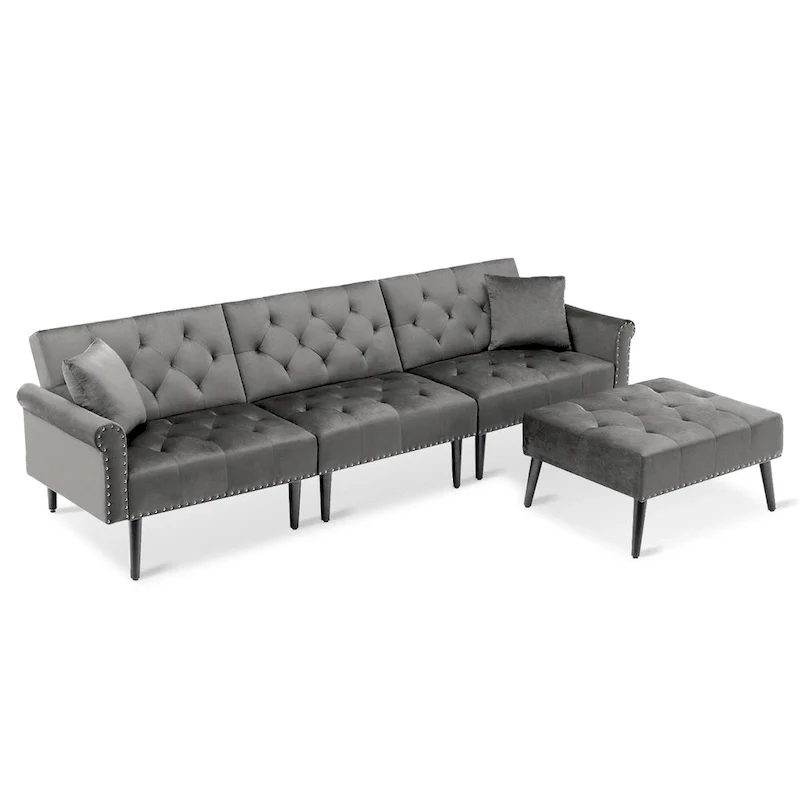 Convertible Velvet Sofa Couch, Sectional Sofa with Ottoman, Mid-Century Futon Sofa Bed - 32D x 100.7W x 29.9H