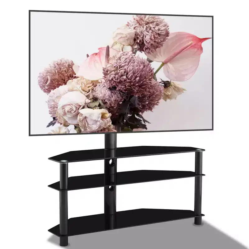 35.4-Inch Black Multi-Function TV Stand - Height Adjustable Swivel Bracket with 3 Tempered Glass Shelves