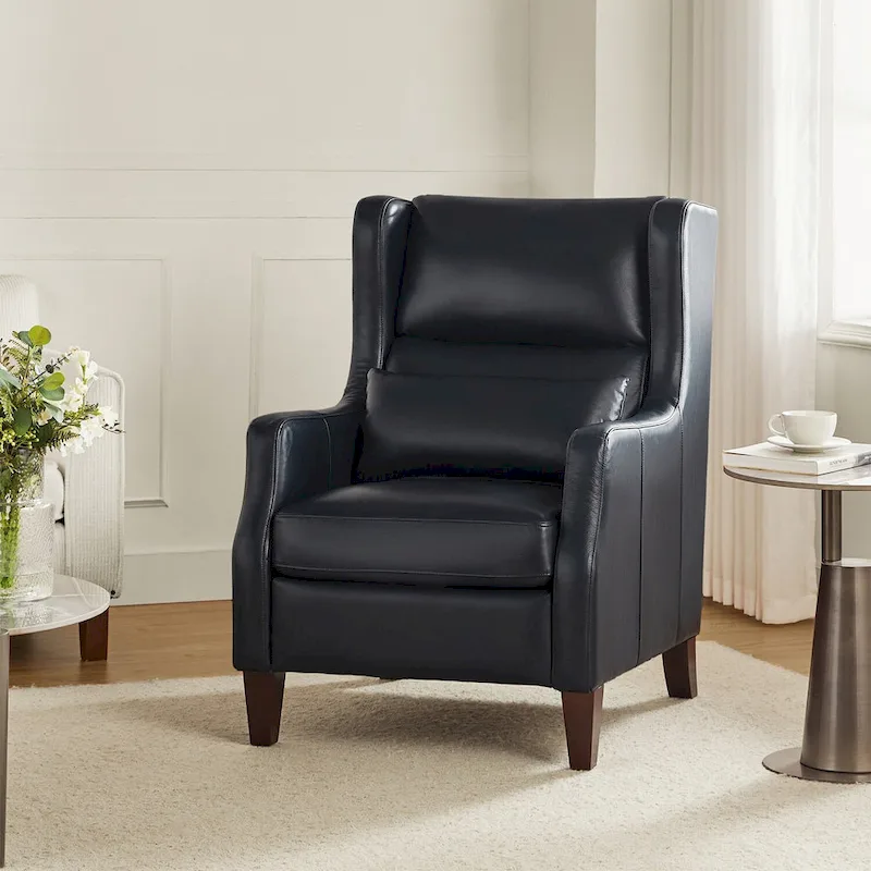 Genuine Leather Wingback Armchair with Lumbar Pillow