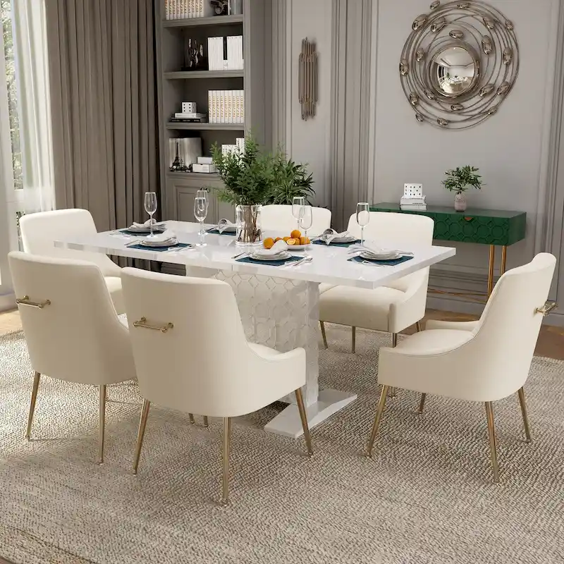 7-Piece Clihome High-gloss Extendable Table Velvet Chair Dining Set