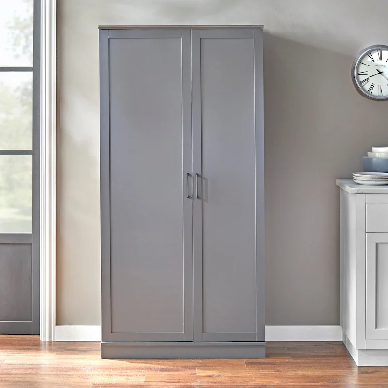 Tall Pantry Cabinet, Double-Door, Modern Farmhouse Style – Charcoal Grey / Walnut / White