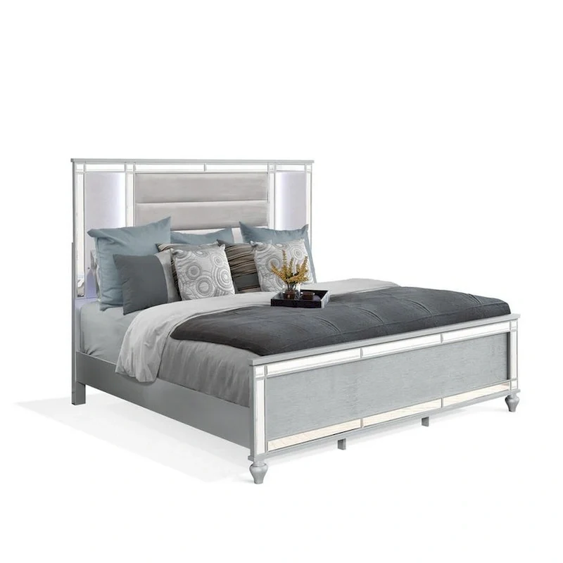 Lio Modern King Size Bed, LED, Mirror Trim, Silver Velvet Tufted Upholstery