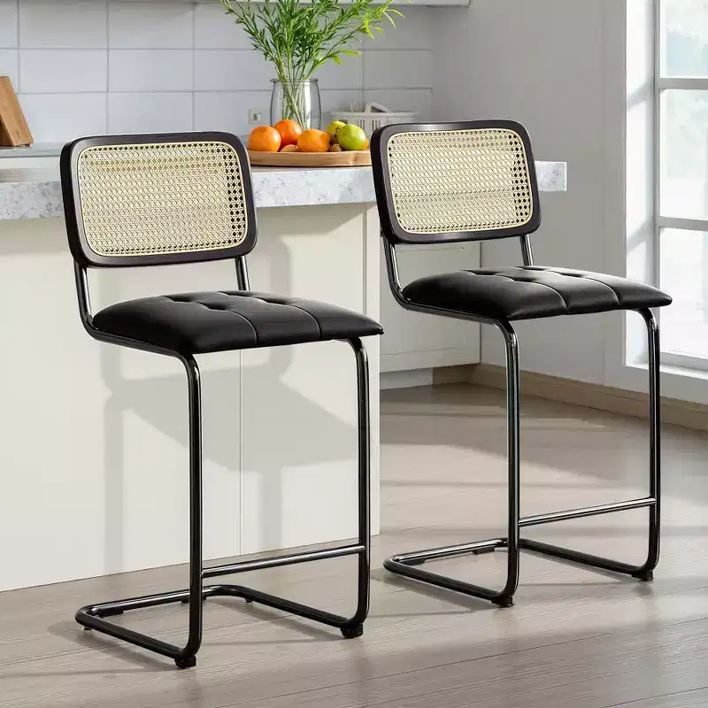 MAYEERTY 26 Black Counter Height Bar Stools Set of 2, PU Leather & Rattan Back, for Dining Areas