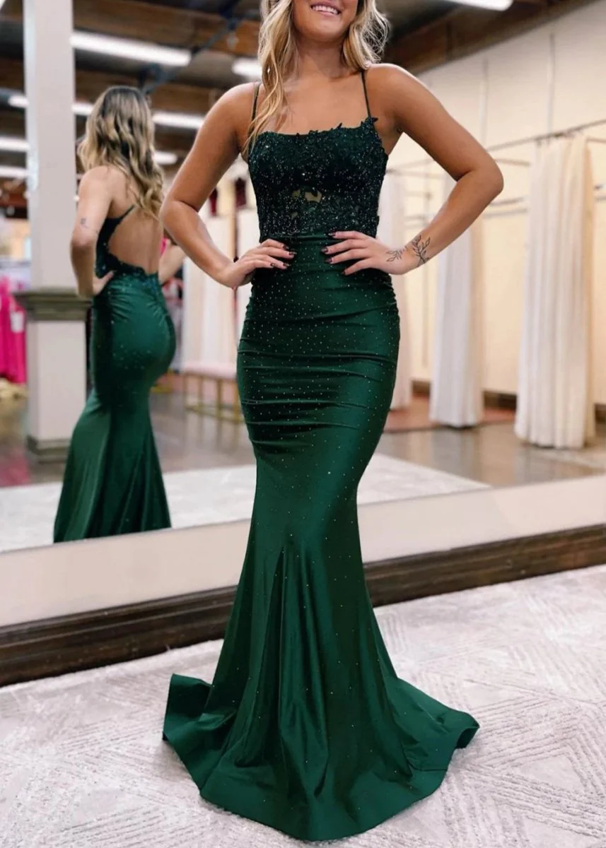 Mermaid Spaghetti Straps Dark Green Long Prom Dress with Appliques
